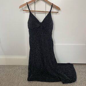 stunning david’s bridal black maxi dress with silver multicolor sparkles